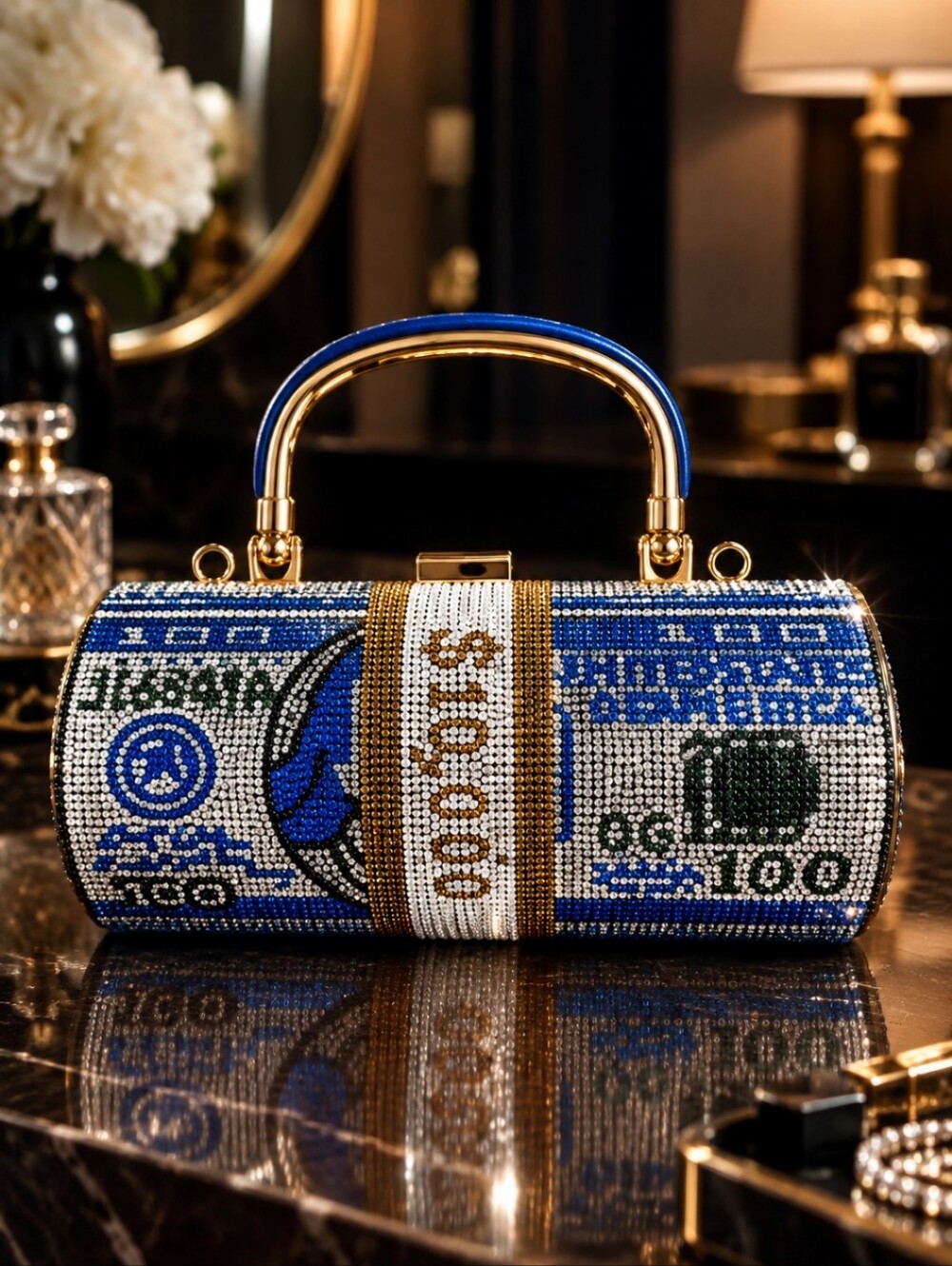 Blue Crystal Money-Print Top-Handle Evening Clutch